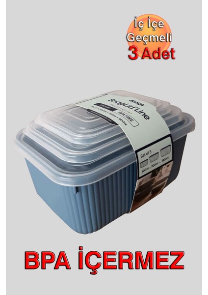 Iç Içe Geçmeli Snaplid Dikdörtgen Saklama Kabı (600 - 1100 - 1800 Ml) (Üçlü Set) fiyatları