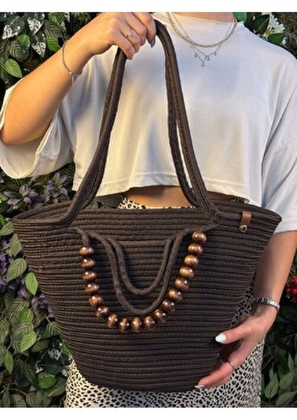 Fiona Hasır Omuz Çantası Doğal Ahşap Boncuk Detaylarıyla Şık Tasarım Basic Koleksiyonu