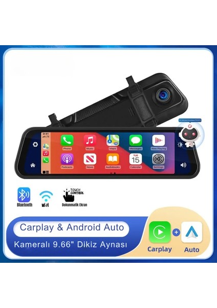 9.66" Akıllı Dikiz Aynası – Kablosuz Carplay & Android Auto, 1080P Ön/arka Kamera, Gece Görüş, Gps Destekli, IPS Dokunmatik Ekran