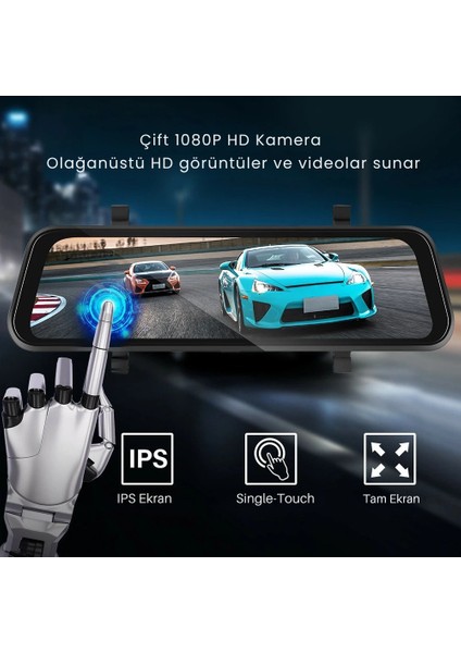 9.66" Akıllı Dikiz Aynası – Kablosuz Carplay & Android Auto, 1080P Ön/arka Kamera, Gece Görüş, Gps Destekli, IPS Dokunmatik Ekran modelleri