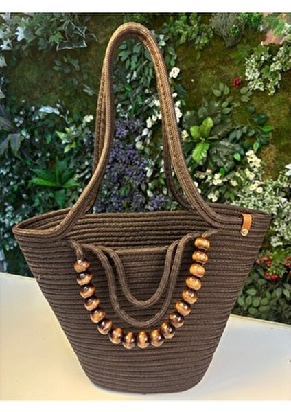Fiona Hasır Omuz Çantası Doğal Ahşap Boncuk Detaylarıyla Şık Tasarım Basic Koleksiyonu