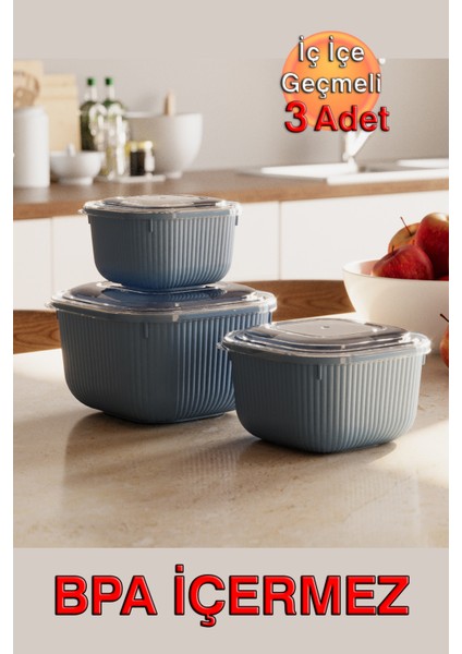 Iç Içe Geçmeli Snaplid Kare Saklama Kabı (600 - 1100 - 1800 Ml) (Üçlü Set)