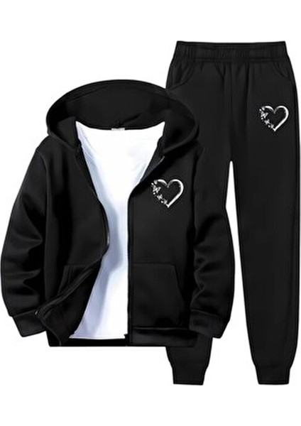 Kalp Baskılı Fermuarlı Kız Çocuk Alt Üst Eşofman Takımı