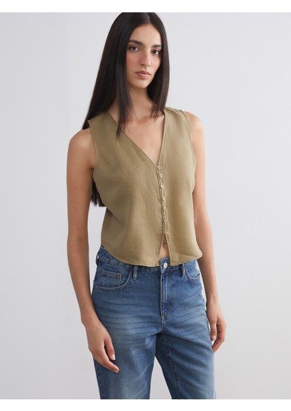 Yeni Sezon V Yaka %100 Keten Kadın Klasik Yelek