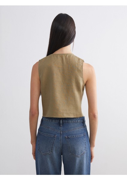 Yeni Sezon V Yaka %100 Keten Kadın Klasik Yelek fırsatları