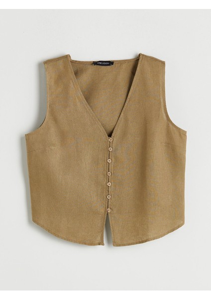 Yeni Sezon V Yaka %100 Keten Kadın Klasik Yelek indirimleri