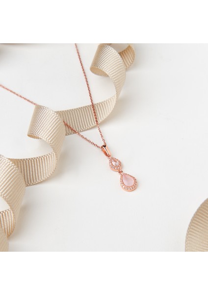 925 Ayar Rose Kaplama Damla Kuvars Taşlı Gümüş Kolye