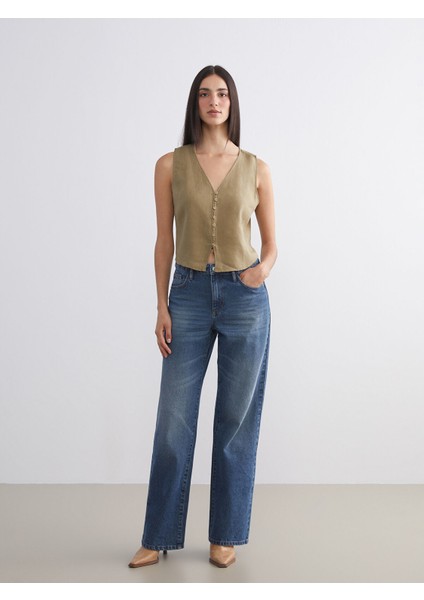 Yeni Sezon V Yaka %100 Keten Kadın Klasik Yelek fiyatları