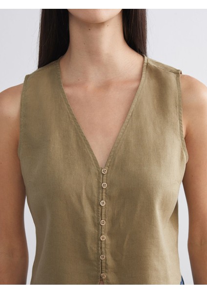 Yeni Sezon V Yaka %100 Keten Kadın Klasik Yelek modelleri