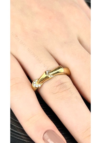 Zirkon Taşlı, Paslanmaz Çelik Yüzük 179, 19 Mm, Altın Rengi
