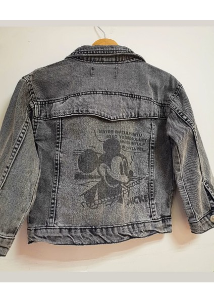 Unısex Erkek Kız Çocuk Çizgi Film Karekterli Yama Cepli Kot Ceket Sırtı Mickey Mouse Baskılı Jeans Ceket fiyatları