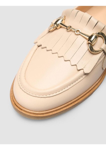 %100 Hakiki Deri Bej Kadın Püsküllü Loafer