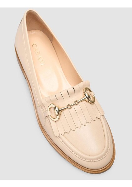 %100 Hakiki Deri Bej Kadın Püsküllü Loafer