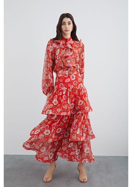 Büzgülü Volanlı Çiçekli Şifon Kırmızı Etek