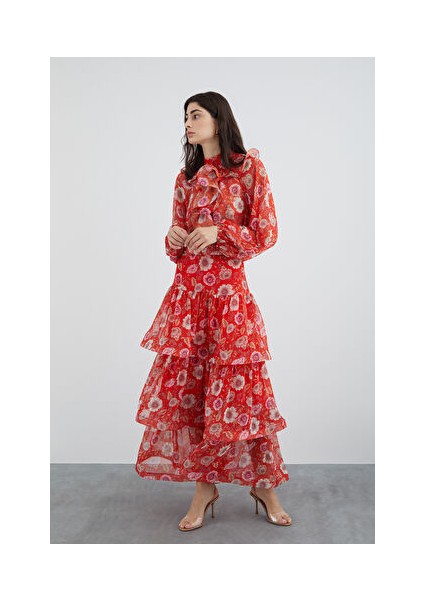 Büzgülü Volanlı Çiçekli Şifon Kırmızı Etek fiyatları