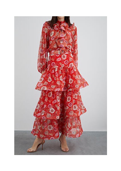 Büzgülü Volanlı Çiçekli Şifon Kırmızı Etek modelleri