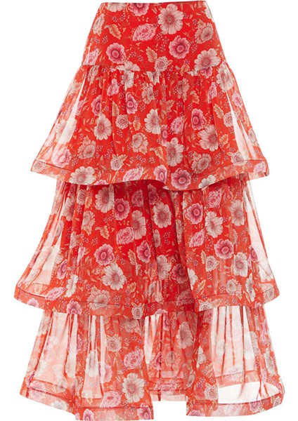 Büzgülü Volanlı Çiçekli Şifon Kırmızı Etek indirimleri