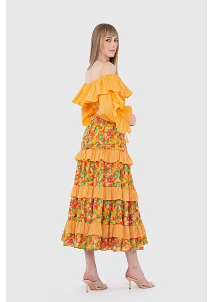 Yüksek Bel Çıtır Desenli Kontrast Kumaşlı Uzun Turuncu Etek fiyatları