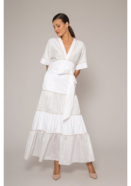 Simli Çizgili V Yaka Kuşaklı Poplin Büzgülü Uzun Elbise