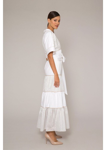 Simli Çizgili V Yaka Kuşaklı Poplin Büzgülü Uzun Elbise fiyatları