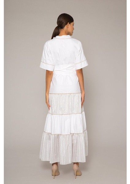 Simli Çizgili V Yaka Kuşaklı Poplin Büzgülü Uzun Elbise modelleri