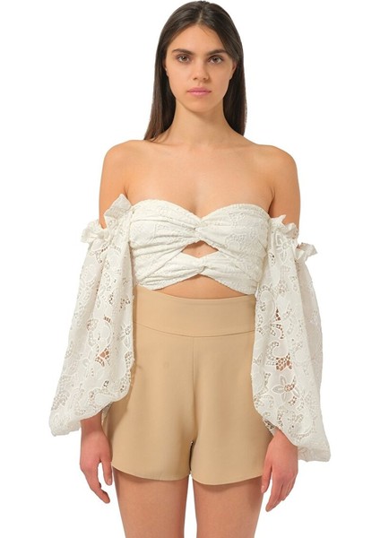 Düşük Omuz Dantel Crop Üst