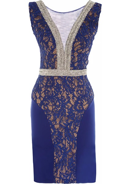 Saks Mavisi Krep Kolsuz Kısa Elbise