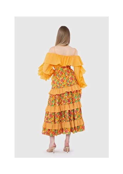 Yüksek Bel Çıtır Desenli Kontrast Kumaşlı Uzun Turuncu Etek modelleri