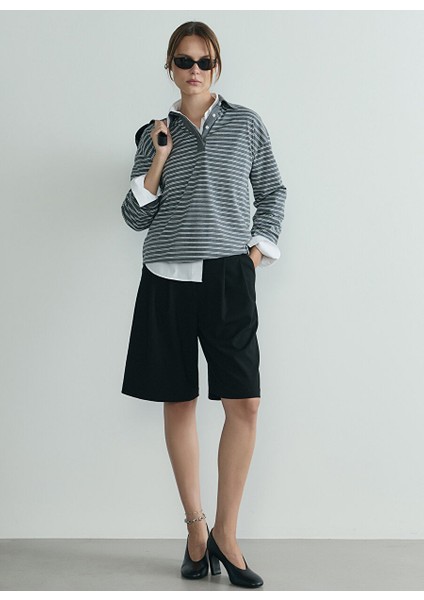 Gri Kadın Slim Fit Çizgili T-Shirt 418136682 R025