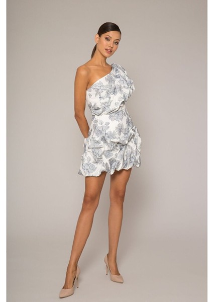 Hacimli Tek Omuz Mini Kokteyl Elbisesi