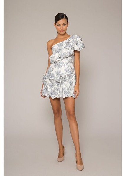 Hacimli Tek Omuz Mini Kokteyl Elbisesi modelleri