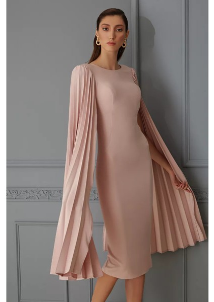 Pudra Krep Uzun Kol Orta Boy Elbise