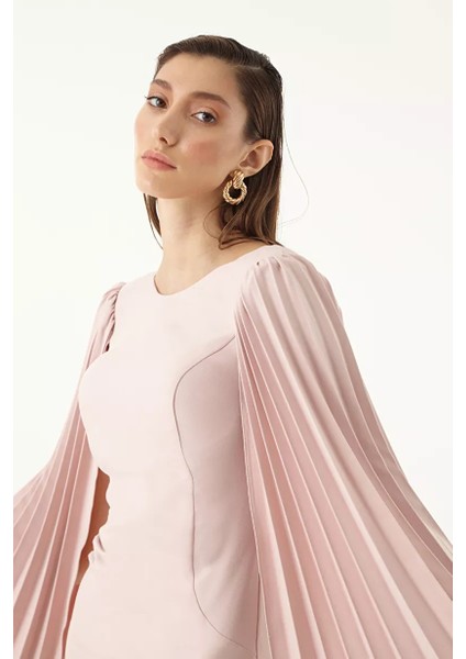 Pudra Krep Uzun Kol Orta Boy Elbise modelleri