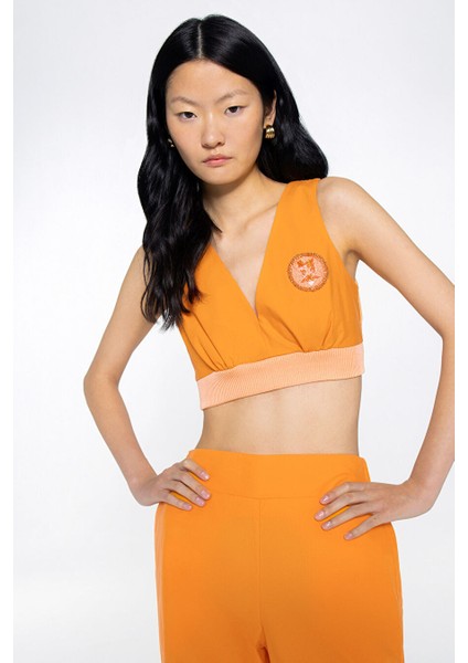 Etek Ucu Lastikli Nakış Aplike Detaylı Poplin Oranj Crop Bluz