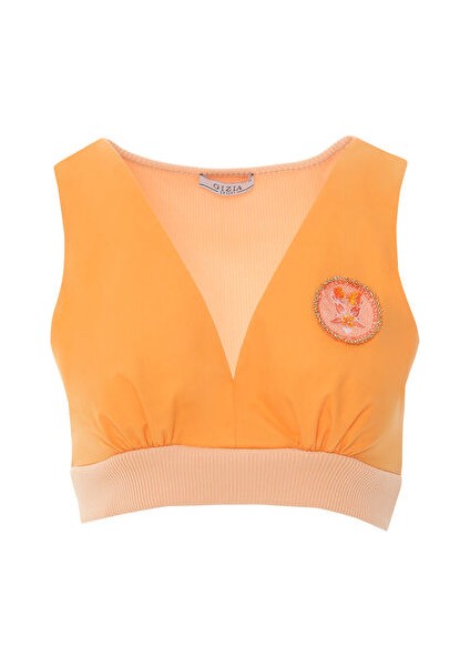 Etek Ucu Lastikli Nakış Aplike Detaylı Poplin Oranj Crop Bluz indirimleri