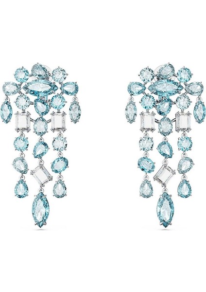 5666015 Swarovski Küpe Gema Clip Earrings, Mixed Cuts, Chandelier, Extra Long, Blue, Rhodium Plated