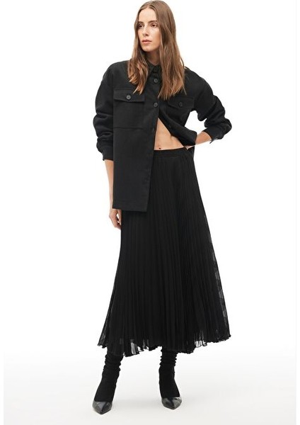 Siyah Yüksek Bel Midi Etek