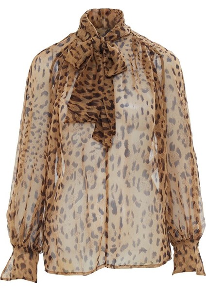 Yakası Bağlamalı Leopar Desenli Transparan Bluz