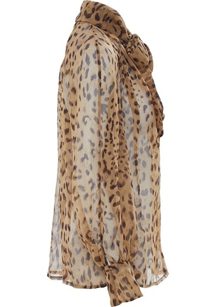 Yakası Bağlamalı Leopar Desenli Transparan Bluz fiyatları