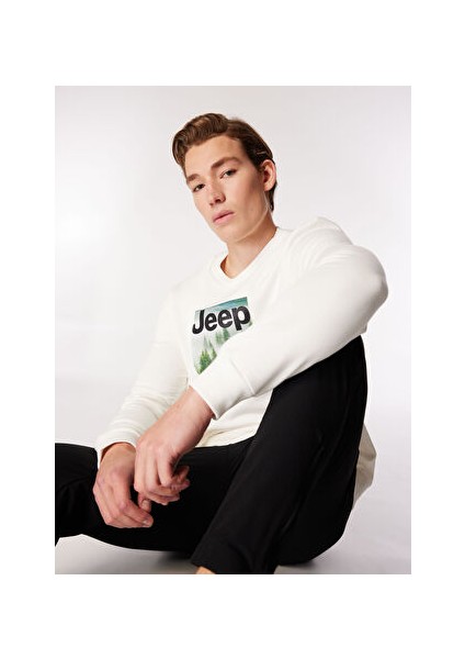 Ekru Erkek Bisiklet Relaxed Baskılı Sweatshirt J4WM-SWT7249