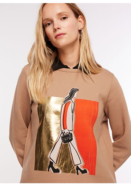 Bisiklet Yaka Varaklı Deve Tüyü Kadın Sweatshırt FC3WL-SWT12