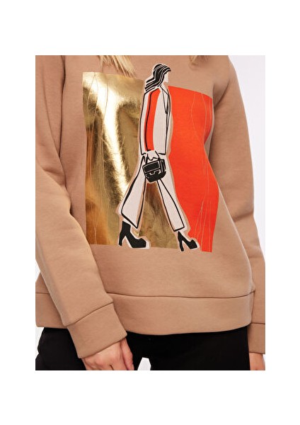Bisiklet Yaka Varaklı Deve Tüyü Kadın Sweatshırt FC3WL-SWT12 fırsatları