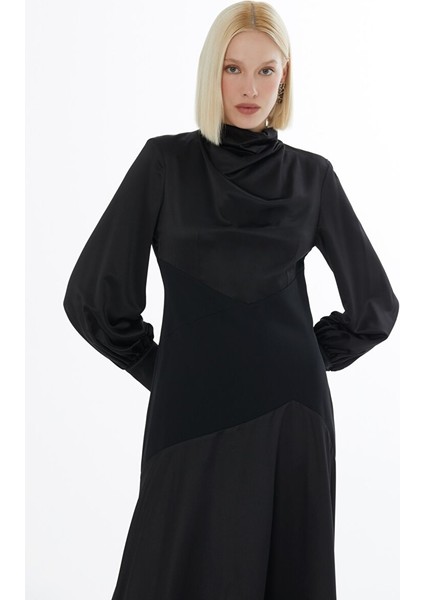 Degaje Yakalı Bel Detaylı Midi Siyah Elbise fiyatları