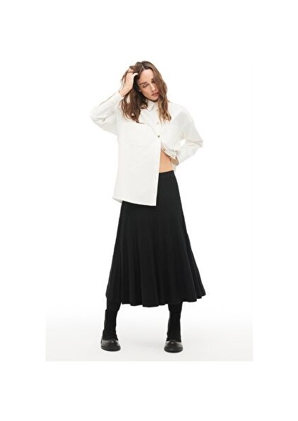 Siyah Orta Bel Midi Triko Etek