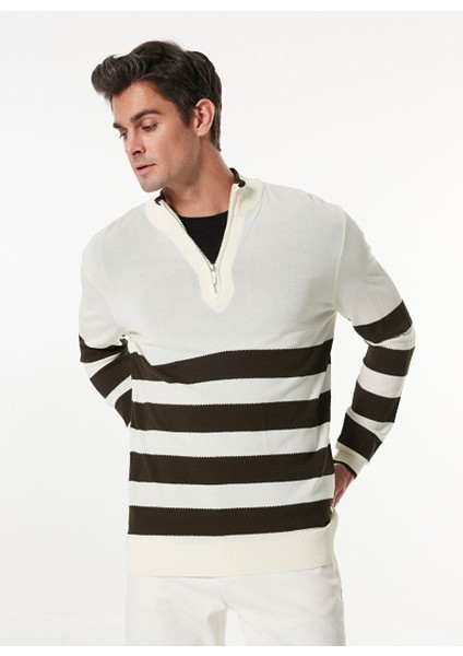 Ekru Erkek Bato Regular Fit Çizgili Kazak FC4WM-KZK 2618