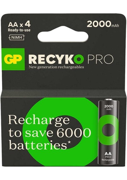 Batteries Recyko Pro 2100 Serisi 2000 Mah Aa Kalem Ni-Mh Şarjlı Pil, 1.2 Volt, 4'lü Kartela