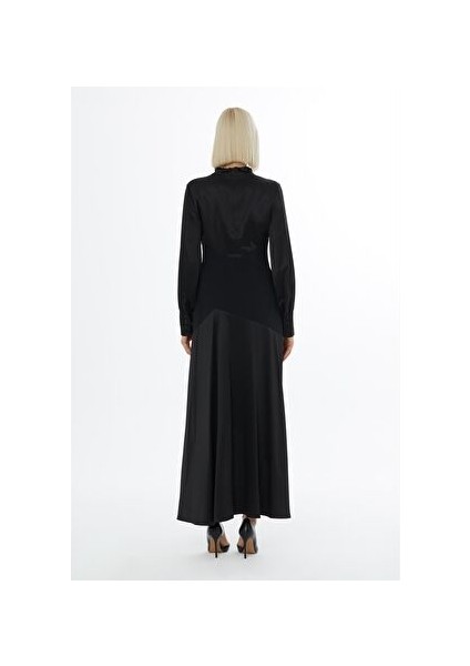 Degaje Yakalı Bel Detaylı Midi Siyah Elbise fırsatları