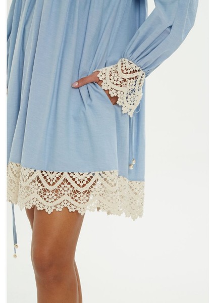 Dantel Detaylı Mavi Kısa Elbise modelleri