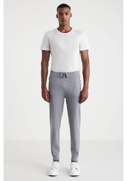 Açık Gri Merino Yün Activewear Şerit Detaylı Triko Pantolon