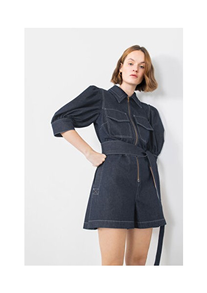 Nakışlı Işleme Detaylı Kuşaklı Lacivert Jean Tulum modelleri